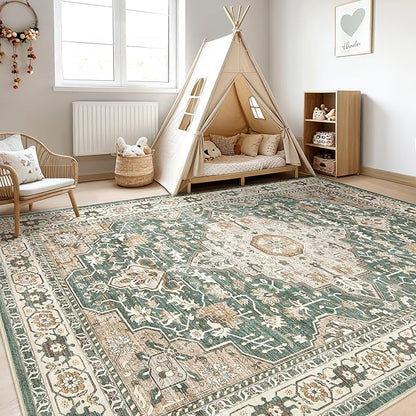 Green Rug Living Room Rugs: 10x14 Washable Boho Large Vintage Soft Stain Resistant Farmhouse Oriental Non Slip Indoor Floor Carpet for Bedroom Nursery Kids Playroom Office Dining Room Home Decor