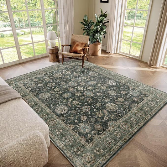 Washable 5x7 Area Rugs for Living Room, Boho Non-Slip Vintage Distress Rugs for Bedroom Dining Room Nursery Office, 0.3" Neutral Oriental Throw Thin Carpet with Cushioning Pad, Sage Green/Blue/Multi