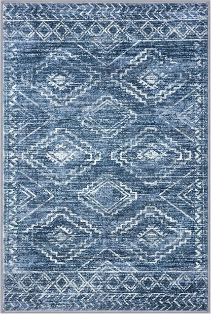 KILOCOCO Boho Entryway Rug 3x5 Area Rug Washable Non Slip Printed Throw Rugs Soft for Kitchen Living Room Dining Bedroom Geometric Moroccan Carpet, Blue