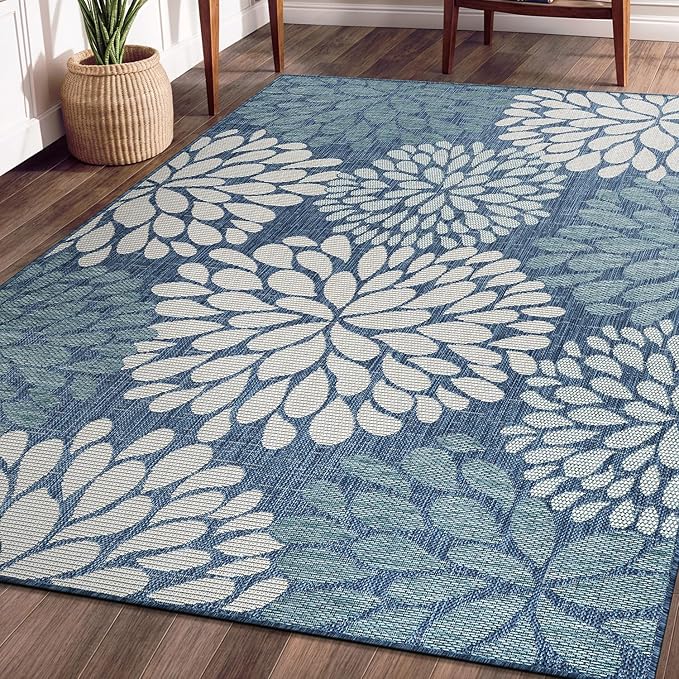 Beverly Rug Outdoor Rug 6x9 Modern Exotic Tropical Leaf Area Rugs for Indoor and Outdoor Patio Deck Porch Garden Water Resistant Washable Outside Carpet (6 x 9 Blue)