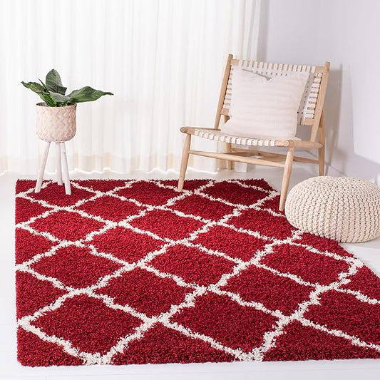 SAFAVIEH Dallas Shag Collection Area Rug - 6' x 9', Red & Ivory, Trellis Design, Non-Shedding & Easy Care, 1.5-inch Thick Ideal for High Traffic Areas in Living Room, Bedroom (SGD257Q)