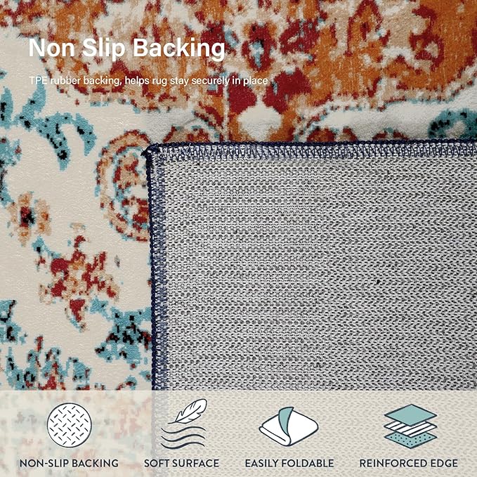 Lahome Orange 6x9 Area Rugs Boho Washable Area Rug for Bedroom,Large Area Rugs for Living Room Dining Room,Bohemian Vintage Non Slip Low Pile Indoor Accent Carpet for Home Office(6x9ft,Orange)