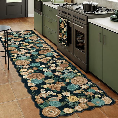 Washable Floral Runner Rug 2x6 Black Hallway Carpet Scalloped Flower Non Slip Soft Long Kitchen Runner Farmhouse Low Pile Thin Indoor Floor Cover for Bathroom Bedroom Laundry Room Entryway