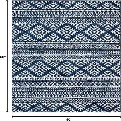 SAFAVIEH Tulum Collection Area Rug - 5' Square, Navy & Ivory, Moroccan Boho Tribal Design, Non-Shedding & Easy to Clean, Ideal for Living Room, Bedroom, Dining Space (TUL272N)