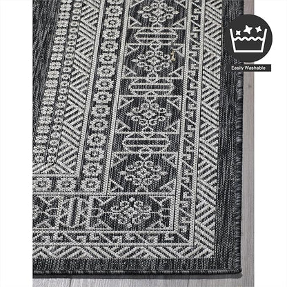 FH Home Flat Woven Outdoor Rug - Waterproof, Easy to Clean, Stain Resistant - Premium Polypropylene Yarn - Bordered Moroccan - Patio, Porch, Deck, Balcony - Accra - Charcoal - 5ft 2in x 7ft 6in