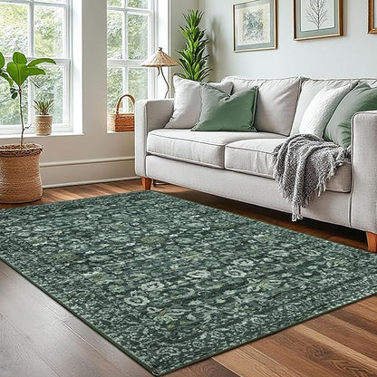 Vintage 4x6 Living Room Washable Rug, Dark Green Non-Slip Soft Bedroom Area Rug Thin Printed Faux Wool Floor Super Soft Carpet Throw Rugs for Nursery Playroom Dining Room Indoor Office