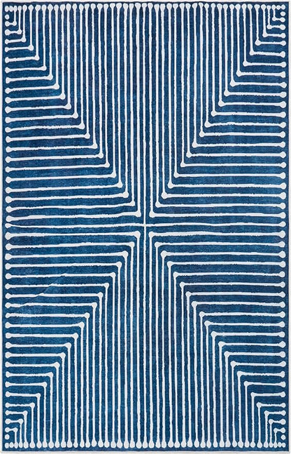 GLN Rugs Contemporary Collection - Machine Washable Area Rug, Contemporary Washable, Non Slip, Low Pile Chenille Rug, Living Room, Bedroom, Kitchen Rug (8' x 10' Lines Blue)