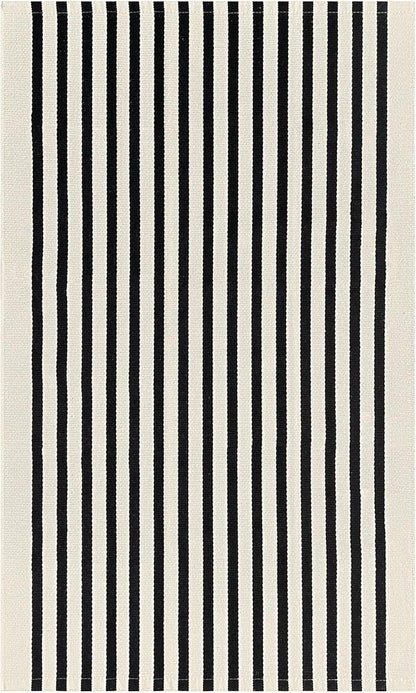 KOZYFLY 3'x5' Cotton Area Rug, Black and Beige Striped Outdoor Rug, Hand-Woven, Machine Washable, Perfect for Front Door, Kitchen, Living Room