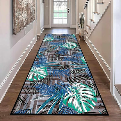 2x6 ft Runner Rug Tropical Blue - Non-Slip Low-Pile & Washable for Hallway, Living Room, Bedroom - Botanical Leaf Print Plush Soft - No Linting Easy Clean Indoor Carpet