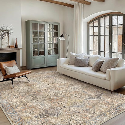 Bavni 8x10 Area Rugs for Living Room, Machine Washable Rug Non Slip, Vintage Chenille Distressed Print Carpet, Large Low Pile Ultra-Thin Lightweight Rugs for Bedroom, Dining Room, Office, Wood Brown