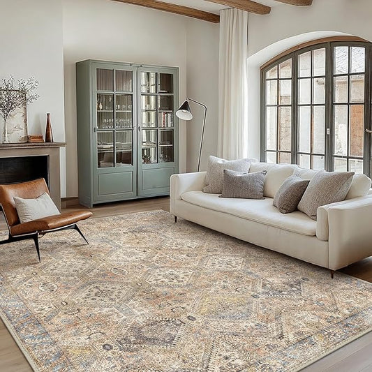 Bavni 8x10 Area Rugs for Living Room, Machine Washable Rug Non Slip, Vintage Chenille Distressed Print Carpet, Large Low Pile Ultra-Thin Lightweight Rugs for Bedroom, Dining Room, Office, Wood Brown
