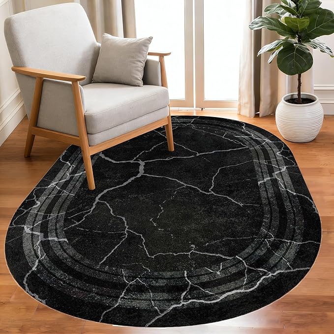 Black Grey Striped Texture Bordered Rugs 2x3 Modern Minimalist Indoor Large Area Rug for Living Room Bedroom Dining Room Soft Faux Wool Non Slip Floor Mats Entrance Bathroom Home Office Oval Carpet