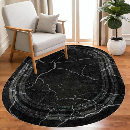 Black Grey Striped Texture Bordered Rugs 6x8 Modern Minimalist Indoor Large Area Rug for Living Room Bedroom Dining Room Soft Faux Wool Non Slip Floor Mats Entrance Bathroom Home Office Oval Carpet