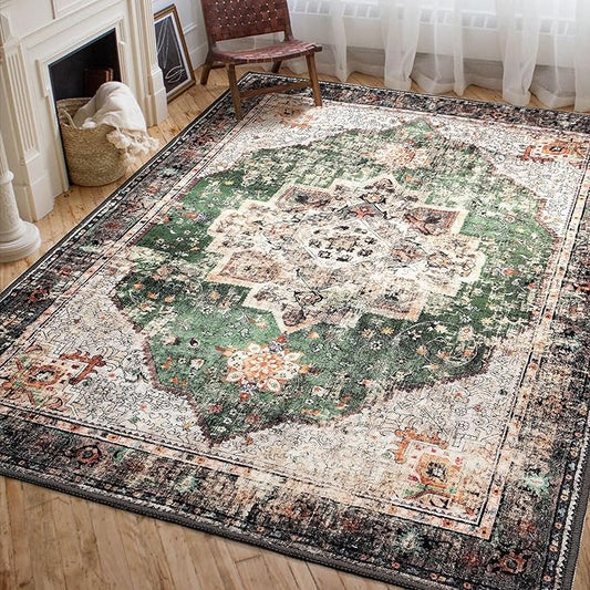Area Rug 5x7 for Living Room Green Boho Non-Slip Washable Rug Vintage Low Pile Large Rug for Bedroom Dining Room
