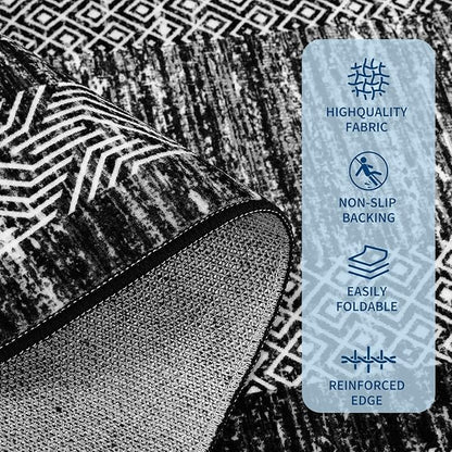 GarveeHome Extra Large Area Rug 10x13 Modern Geometric Rug with Non Slip Rubber Backing, Thin Washable Foldable Carpets, Soft Low Pile Non Shedding Printed Floor Mats for Hotel Office, Black