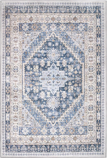 zesthome 5x7 Area Rugs - Ultra-Thin Washble Rug, Stain Resistant Anti Slip Backing Rugs for Living Room,Bedroom, Vintage Home Decor Area Rug (Blue/Beige,5'x7')