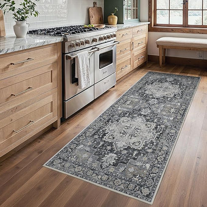 Runner Rug 2'6''x6, Machine Washable Runners, Non Slip Vintage Hallway Runner Rugs, Low Pile Lightweight Mat for Entryway, Hallway, Kitchen and Corridor, Dark Gray