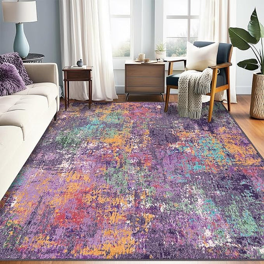 Washable Area Rugs 6'x8' Non-Slip Modern Abstract Soft for Living Room Entryway Bedroom Nursery, Print Pattern, Purple Orange Blue Green Rust Red Colorful