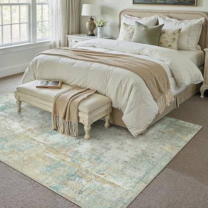 6x9 Washable Area Rug Teal Beige Abstract Living Room Bedroom Carpet Neutral Modern Non-Slip Soft Low Pile Lightweight Vacuumable Throw Rug for Dining Room Kitchen