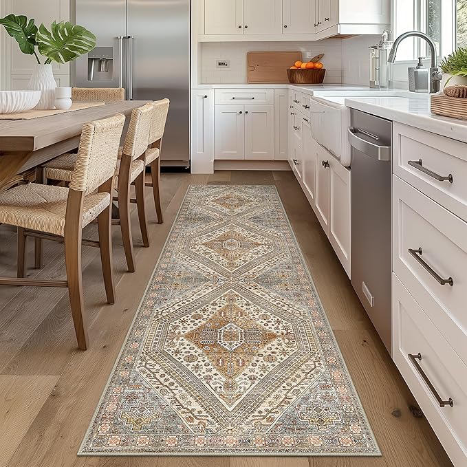 Bavni Kitchen Rug 2x7 Runner Rugs for Hallways Entryway, Washable Vintage Print Carpet, Ultra-Thin Chenille Low Pile Lightweight Rug with Non Slip Backing, Tan/Grey