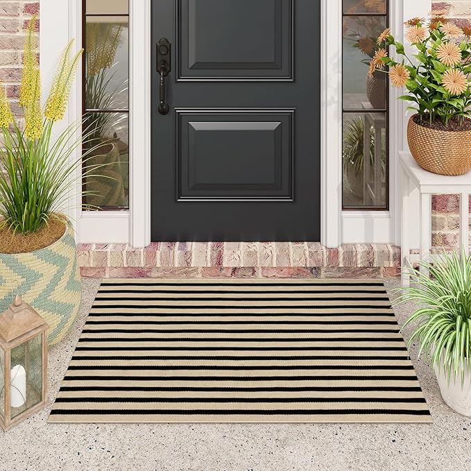 Black and Tan Striped Rugs 2.3'x3.6', Washable Front Door Rug Hand Woven Reversible Outdoor Welcome Mat, Foldable Layered Door Mats for Entryway Porch Decor Home Entrance