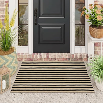 Black and Tan Striped Rugs 2.3'x3.6', Washable Front Door Rug Hand Woven Reversible Outdoor Welcome Mat, Foldable Layered Door Mats for Entryway Porch Decor Home Entrance