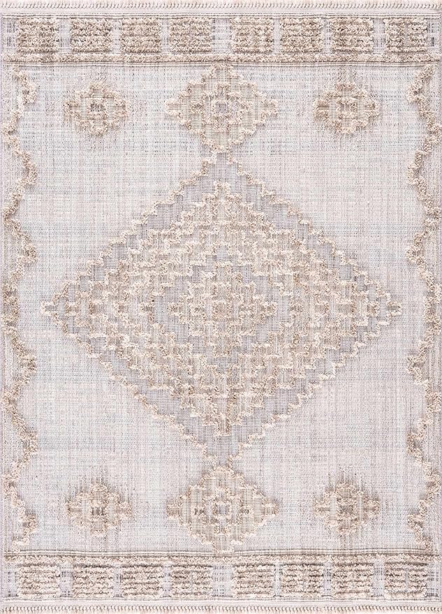 Hauteloom Ampusungan Modern Moroccan Medallion Farmhouse Hallway, Entryway Runner Rug - High Low - High Pile Long Carpet - Cream, Beige, Brown, Beige - 2'7" x 7'3"
