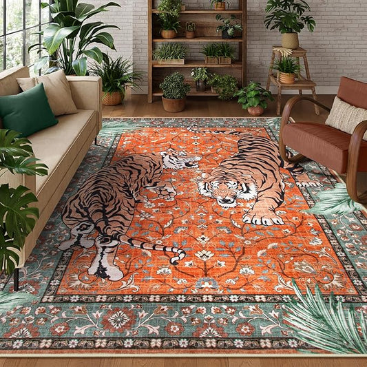 Moynesa Tiger Washable Area Rug, Boho 6x9 Rug for Living Room, Vintage Large Soft Bedroom Rug, Non Slip Ultra Thin Stain Resistant Floor Carpet for Dining Room Home Office, Rust