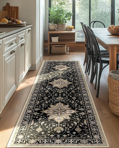 Area Rugs 2'x6' Washable Non-Slip, Floral Vintage Distress Print Pattern Medallion Carpet for Living Room Bedroom Dining Room, Black Brown Neutral Dark Tan