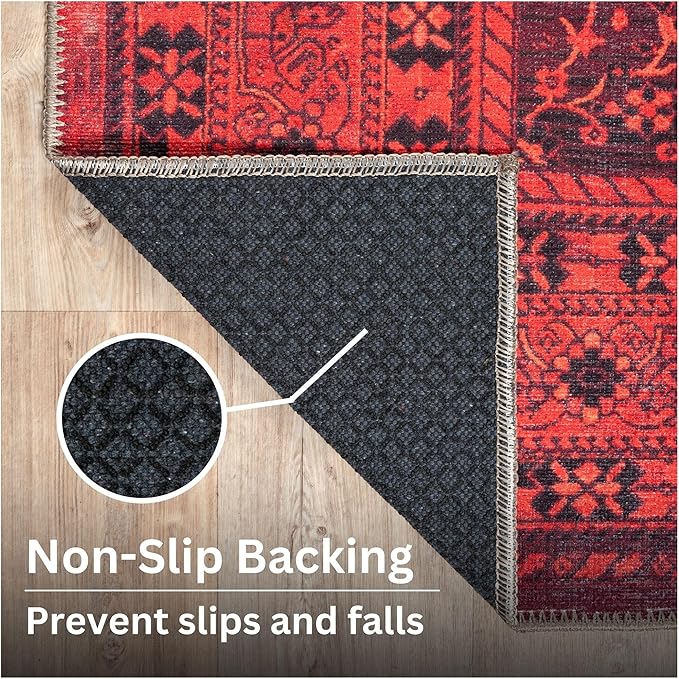 Bloom Rugs Washable Non-Slip 4' x 6' Rug - Red Traditional Bordered Area Rug for Living Room, Bedroom, Dining Room, and Kitchen - Exact Size: 4' x 6'