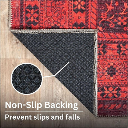 Bloom Rugs Washable Non-Slip 6' x 9' Rug - Red Traditional Bordered Area Rug for Living Room, Bedroom, Dining Room, and Kitchen - Exact Size: 6' x 9'