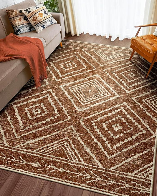 Area Rug 4x6 Rug Machine Washable Non-Slip Low Pile Print Pattern Western Rug for Living Room Bedroom Entryway Tribal Series -Yellowbrown/Cream