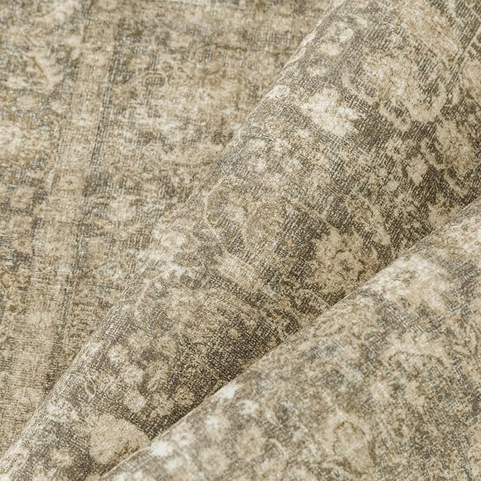 Brown Area Rug 5x7 Machine Washable Vintage Living Room Distressed Non Slip Carpet Traditional Indoor Bedroom Retro Floral Accent Throw Large Rug Office Kitchen Bathroom Dining Room