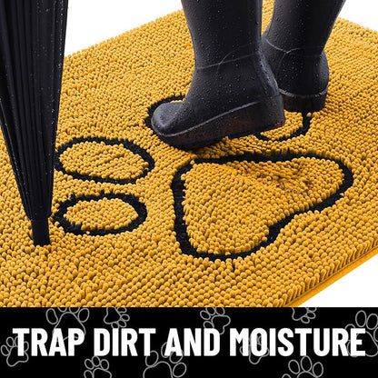 Smiry Dog Door Mat for Muddy Paws, Absorbent Dirt Trapper Non Slip Quick Dry Washable Chenille Mat for Mud Dogs, Entry Rug for Indoor and Outdoor (36x24 Inches, Golden Yellow and Black)