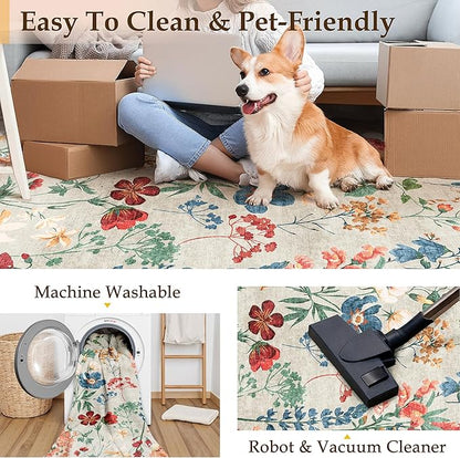 Floral Runner Rug 2x7 Washable Hallway Long Beige Bedroom Carpet Non Slip Indoor Boho Kitchen Low Pile Accent Rug Lightweight Soft for Bathroom Dining Laundry Living Room
