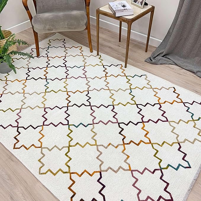 Alfa Rich 5x8 Moroccan White Washable Area Rugs for Living Room Bedroom Kitchen Decor Cotton Rug