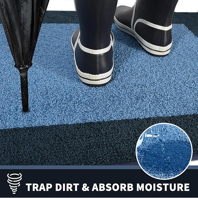 PURRUGS Dirt Trapping Door Mat 24" x 70", Non-Slip/Skid Machine Washable Entryway Rug, Shoes Scraper, Throw Rug, Super Absorbent Area Rug for Muddy Wet Shoes and Paws, Light Blue & Navy