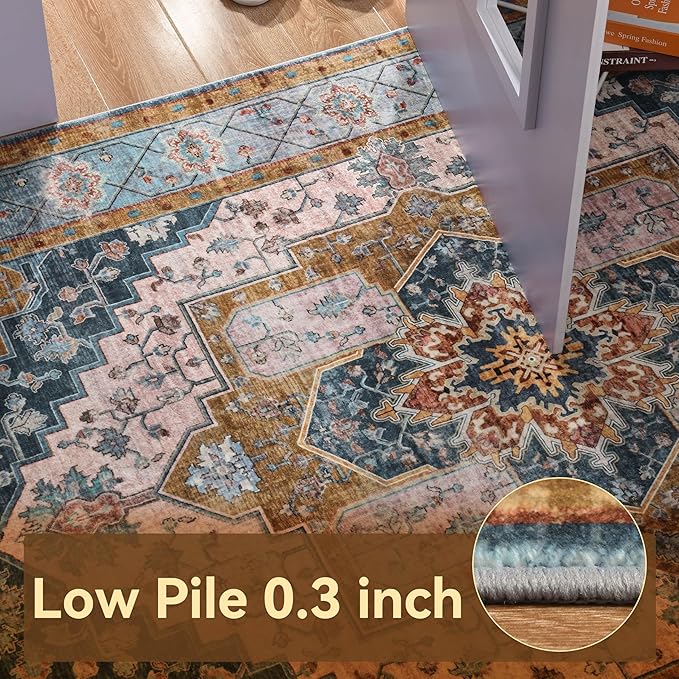 YJ.GWL Area Rugs for Living Room 5x7 Machine Washable Rugs, Non Slip Floral Vintage Rug Indoor Carpet, Stain Resistant Large Rug for Bedroom Dining Room, Brown Blue