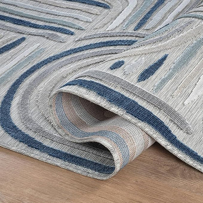 CAMILSON Indoor Outdoor Rug, Blue 10x14 Geometric Arch Striped Large Area Rugs for Patio and Home Areas, Easy-Cleaning Non-Shedding Living Room, Garden and Deck Washable Outside Carpet (10 x 14)