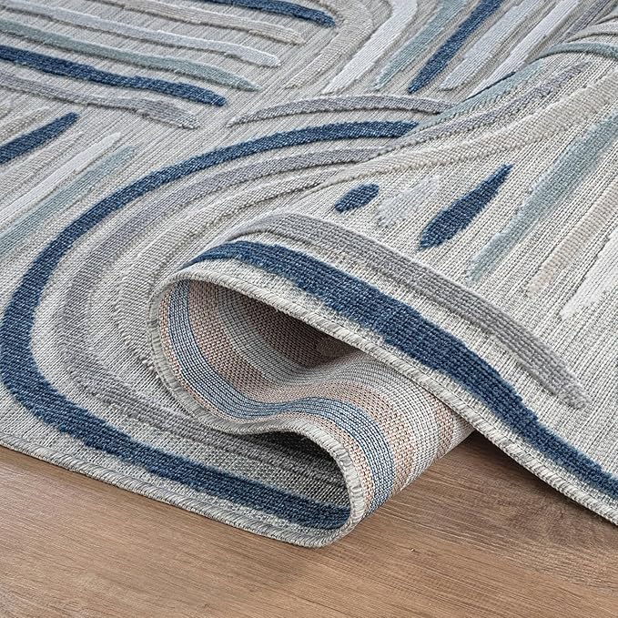CAMILSON Indoor Outdoor Rug, Blue 5x7 Geometric Arch Striped Area Rugs for Patio and Home Areas, Easy-Cleaning Non-Shedding Living Room, Garden and Deck Washable Outside Carpet (5 x 7)