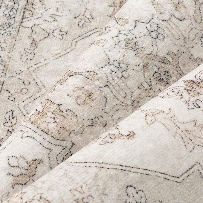 Beige Area Rug 5x8 Washable Living Room Carpet Vintage Non Slip Soft Bedroom Indoor Office Retro Low Pile Thin Oriental Medallion Large Rug for Dining Room Bathroom Kitchen