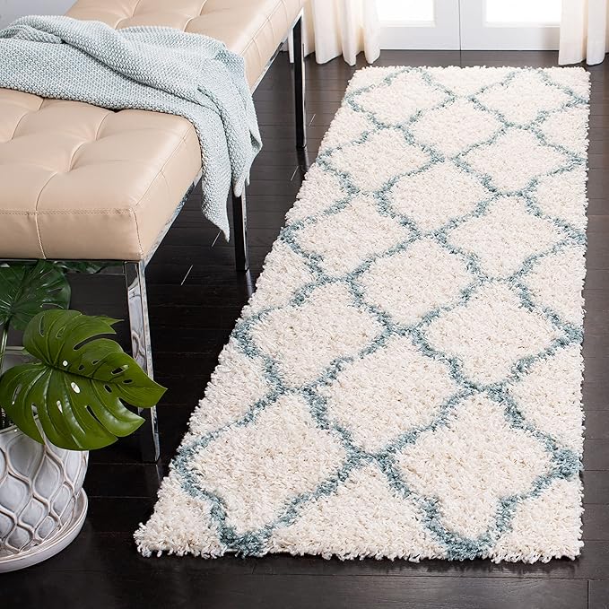 SAFAVIEH Dallas Shag Collection Runner Rug - 2'3" x 12', Ivory & Light Blue, Trellis Design, Non-Shedding & Easy Care, 1.5-inch Thick Ideal for High Traffic Areas in Living Room, Bedroom (SGD257J)