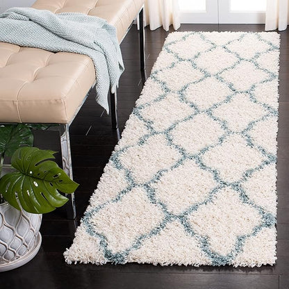 SAFAVIEH Dallas Shag Collection Runner Rug - 2'3" x 14', Ivory & Light Blue, Trellis Design, Non-Shedding & Easy Care, 1.5-inch Thick Ideal for High Traffic Areas in Living Room, Bedroom (SGD257J)