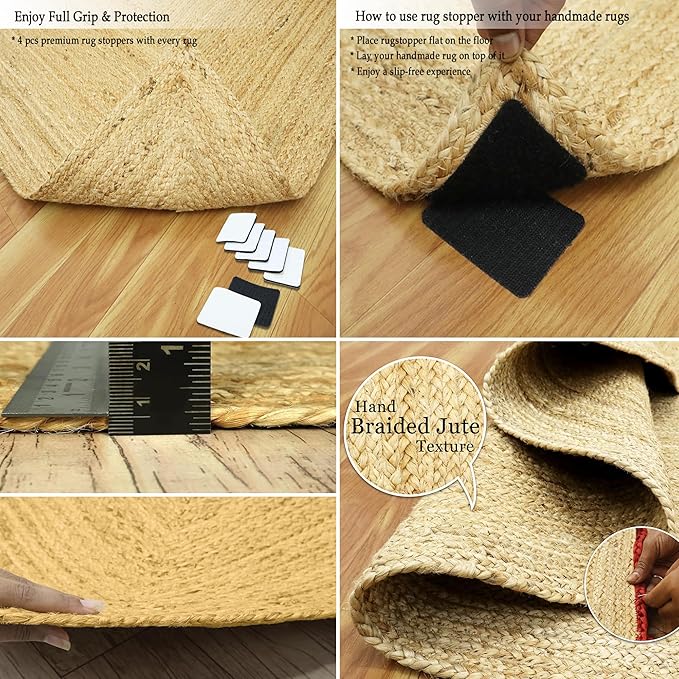 2x8 Oval Jute Runner – Flatweave Kilim Style, Hand Braided Natural Jute, 0.27" Thick, Solid Red Beige Handmade Boho Carpet for Hallway, Kitchen, Entryway