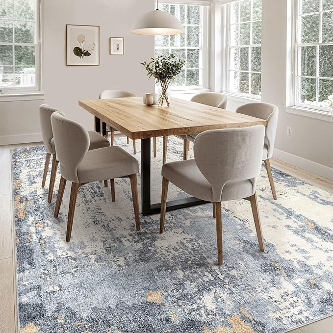 5x7 Area Rug Living Room Rugs - Washable Neutral Modern Abstract Soft Thin Rug Indoor Floor No Slip Rug Carpet for Bedroom Under Dining Table Home Office Decor - Blue/Light Brown