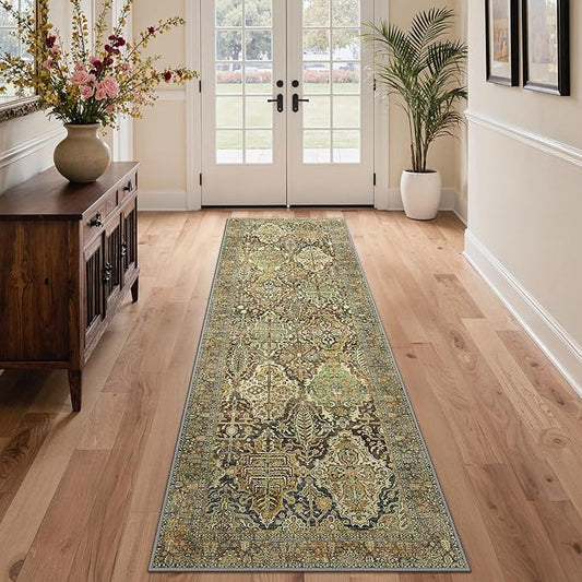 GENIMO Runner Rug 2x7 Machine Washable Non Slip Vintage Hallway Runner Rug, Low Pile Lightweight Rugs for Entryway, Hallway, Kitchen and Corridor, Bronze Olive