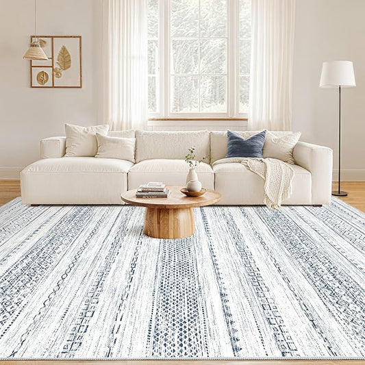 Nakagishi 8x10 Area Rugs Living Room: Washable Boho Large Neutral Soft Farmhouse Rug Stain Resistant Modern Indoor Floor Non-Slip Carpet for Bedroom Nursery Kids Playroom Office Dining Dorm-White Blue