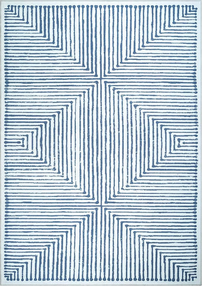 Bloom Rugs Washable Non-Slip 8' x 10' Rug - Blue/Ivory Striped Area Rug for Living Room, Bedroom, Dining Room, and Kitchen - Exact Size: 8' x 10'