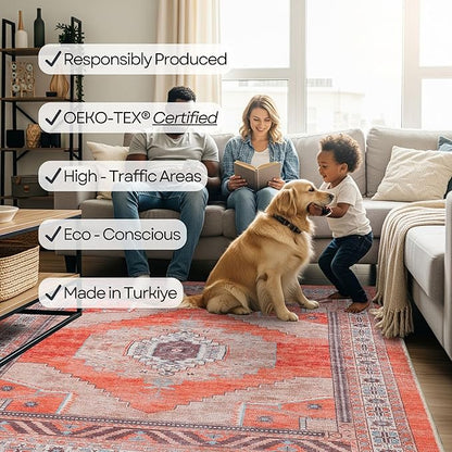 Fame Rugs Turkish Rug. Washable Vintage Oriental Antique Inspired Traditional Doormat Small Modern Area Rugs Luxury Entryway Entry Bedroom Bathroom Kitchen (380TT, 5'9 x 8'9)