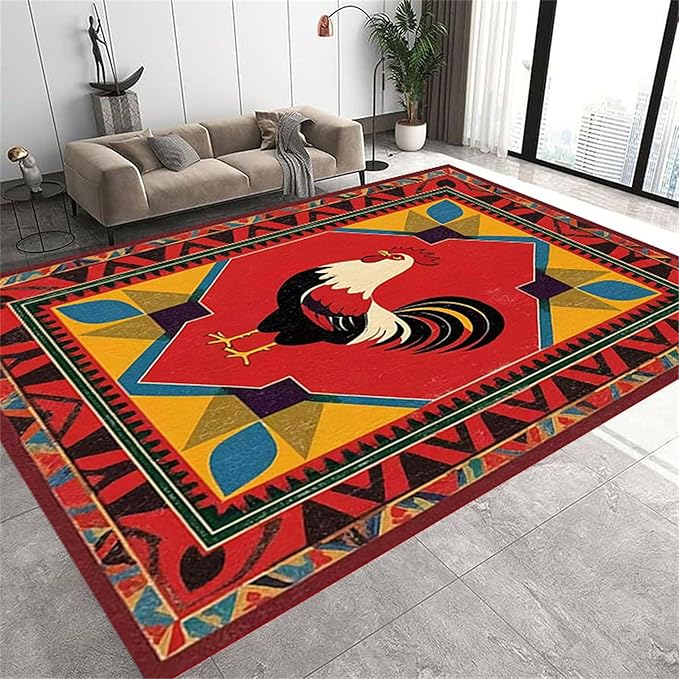 Country Rooster Rugs，3x4ft,Colorful Geometric Rooster Pattern Rug，Rooster Pattern Colorful Rug. Ethnic Vintage Design Non-Slip Washable Floor Mat for Living Room Bedroom Farmhouse Home Office